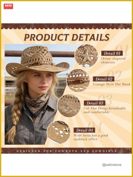 Straw Cowboy Hat Woven Cowgirl Western Sun Hat